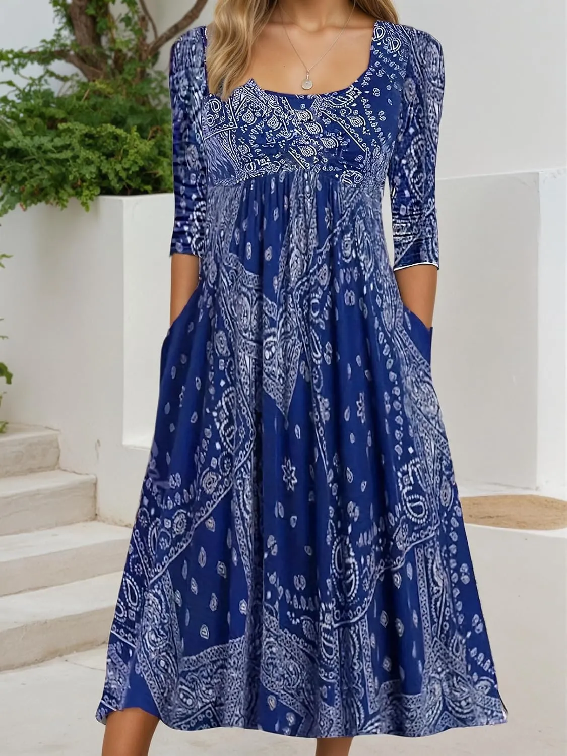 Womens Plus Size Floral Midi Dresses 2025 Casual Smocked Crewneck Long Dress with Pockets Long Sleeve Vacation Dress