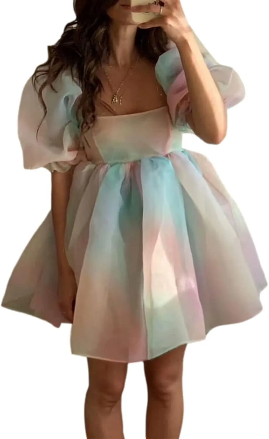 Womens Puff Sleeve Square Neck Puffy Dress Babydoll Mesh Mini Dress High Rise Flare Organza Party Dress