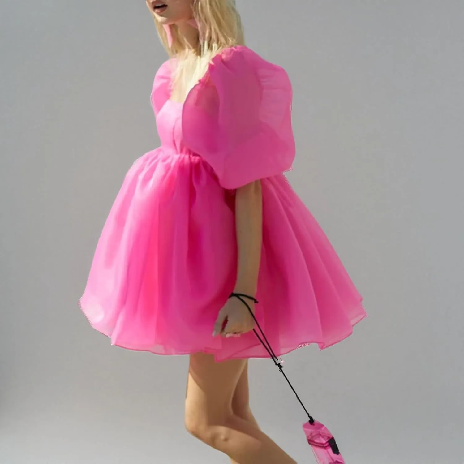 Womens Puff Sleeve Square Neck Puffy Dress Babydoll Mesh Mini Dress High Rise Flare Organza Party Dress