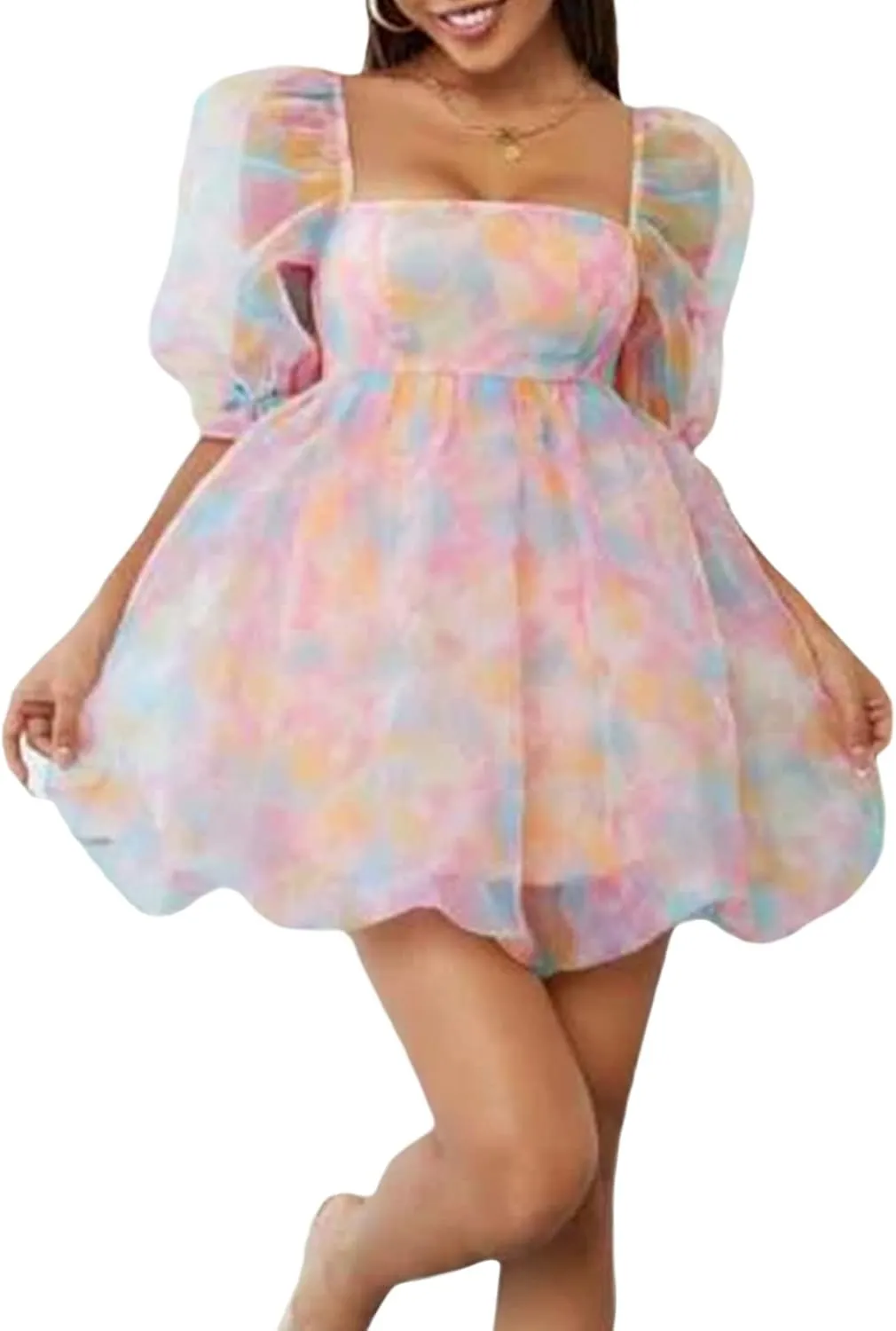 Womens Puff Sleeve Square Neck Puffy Dress Babydoll Mesh Mini Dress High Rise Flare Organza Party Dress