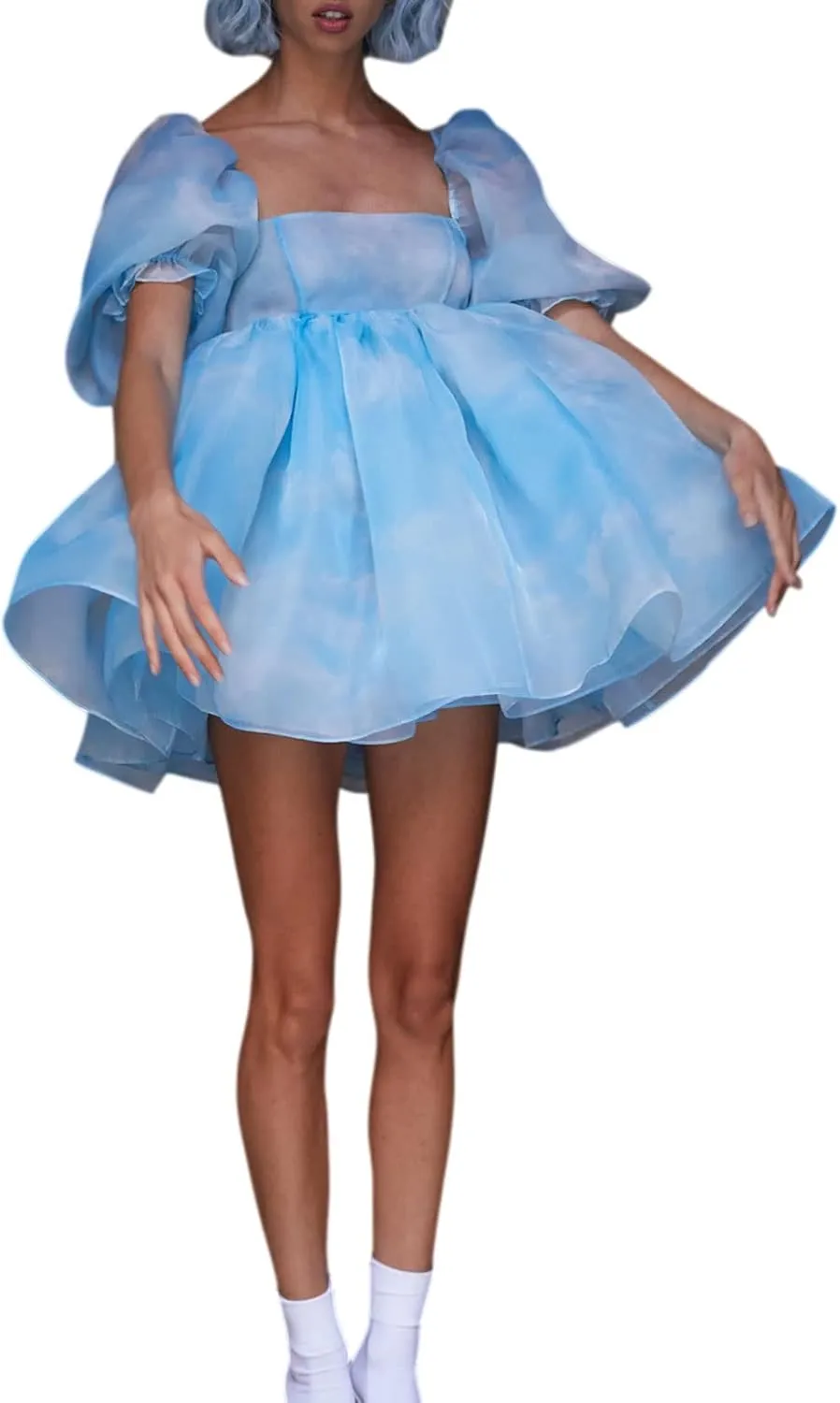 Womens Puff Sleeve Square Neck Puffy Dress Babydoll Mesh Mini Dress High Rise Flare Organza Party Dress