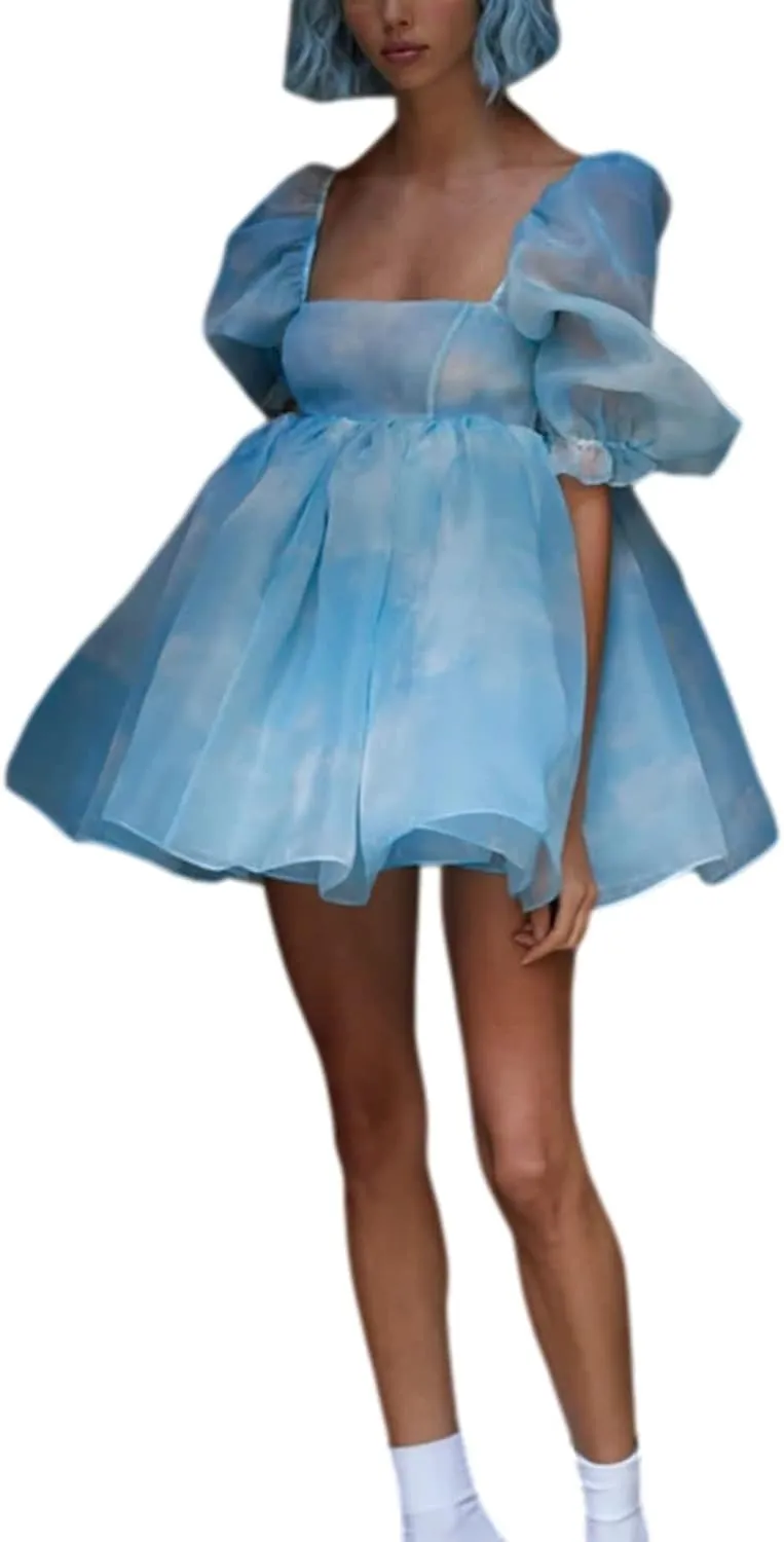 Womens Puff Sleeve Square Neck Puffy Dress Babydoll Mesh Mini Dress High Rise Flare Organza Party Dress