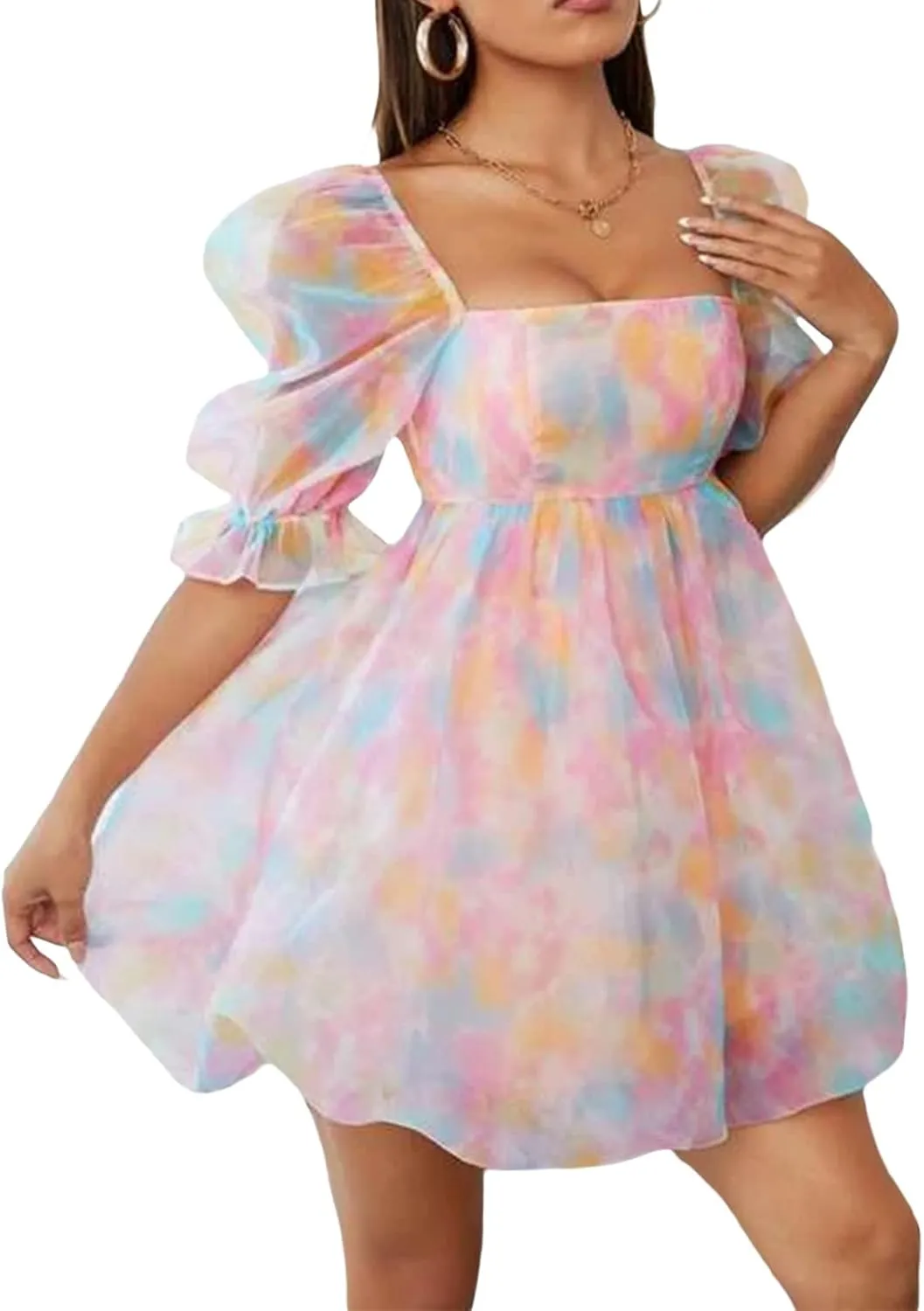Womens Puff Sleeve Square Neck Puffy Dress Babydoll Mesh Mini Dress High Rise Flare Organza Party Dress