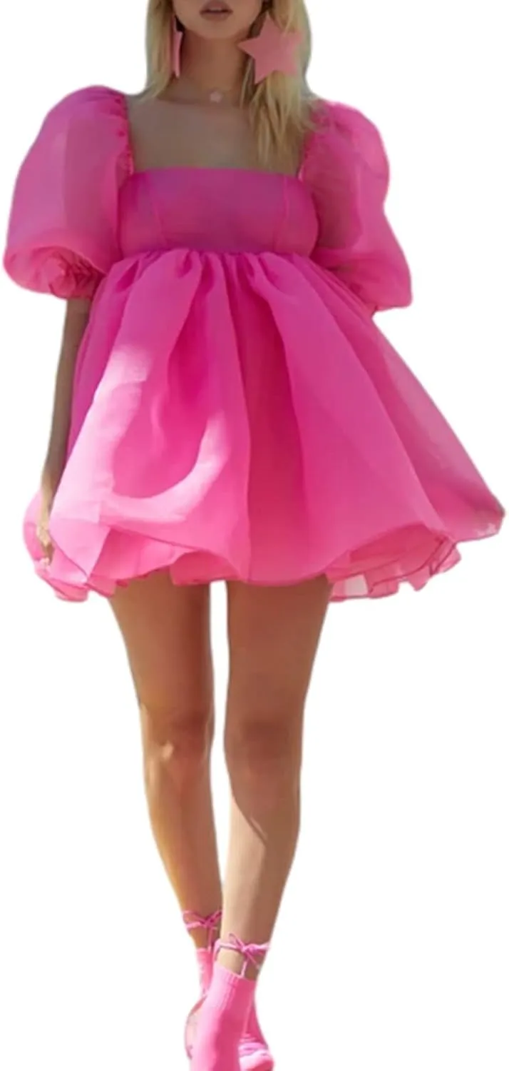 Womens Puff Sleeve Square Neck Puffy Dress Babydoll Mesh Mini Dress High Rise Flare Organza Party Dress