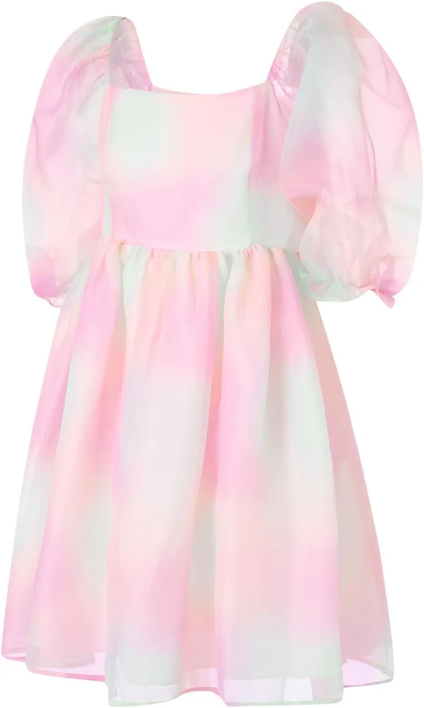 Womens Puff Sleeve Square Neck Puffy Dress Babydoll Mesh Mini Dress High Rise Flare Organza Party Dress