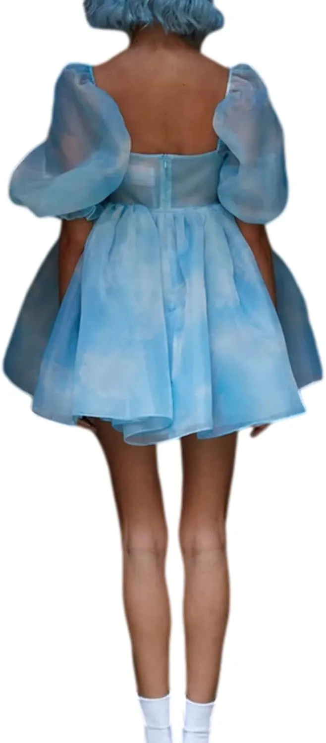 Womens Puff Sleeve Square Neck Puffy Dress Babydoll Mesh Mini Dress High Rise Flare Organza Party Dress