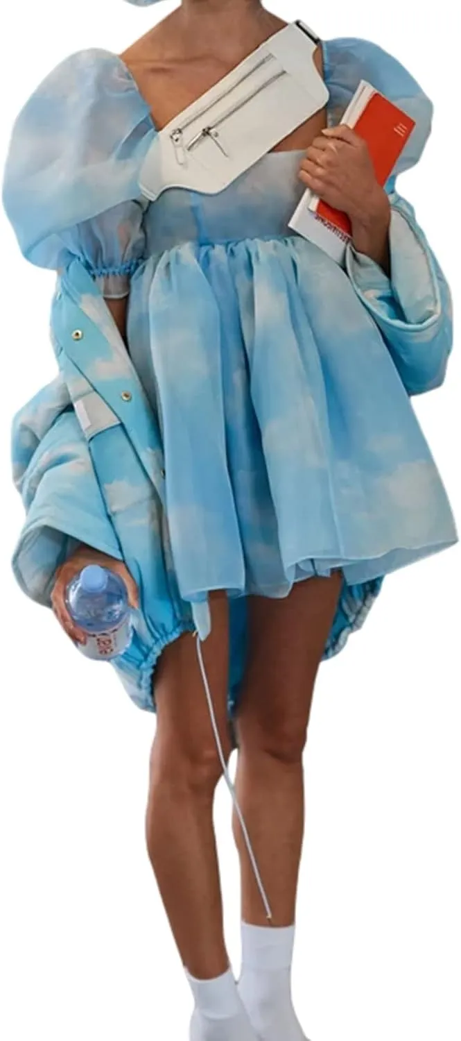 Womens Puff Sleeve Square Neck Puffy Dress Babydoll Mesh Mini Dress High Rise Flare Organza Party Dress