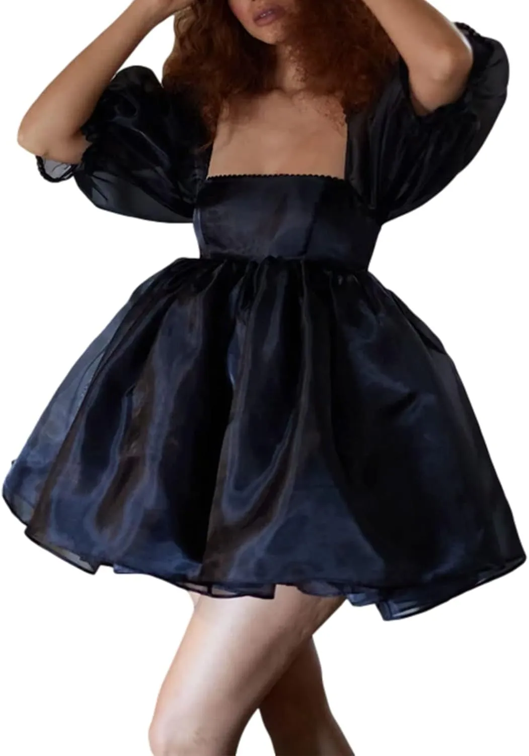 Womens Puff Sleeve Square Neck Puffy Dress Babydoll Mesh Mini Dress High Rise Flare Organza Party Dress
