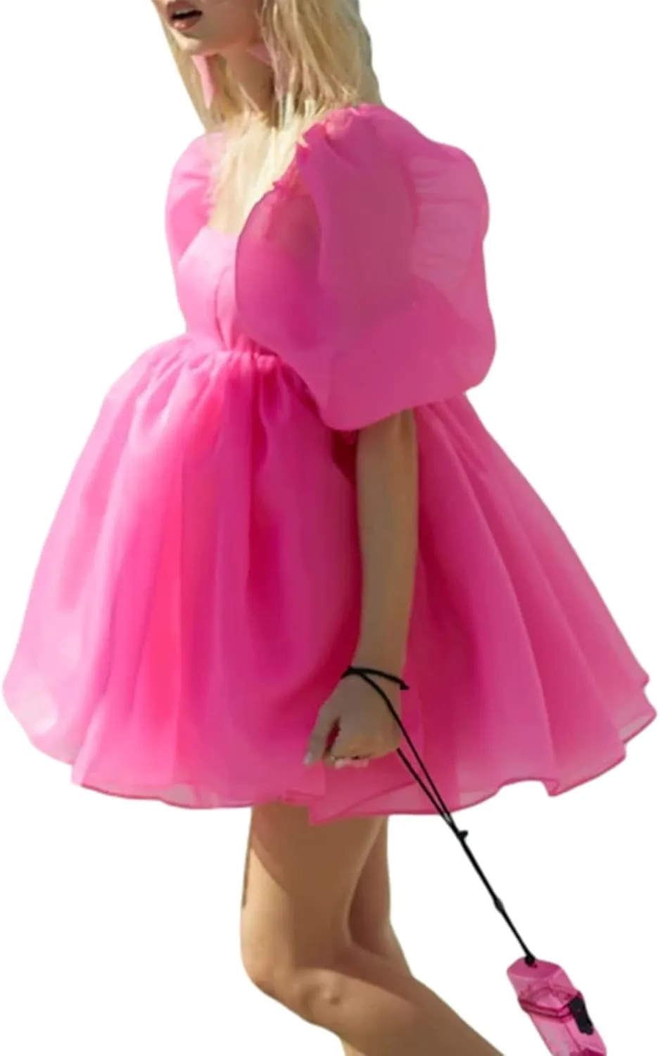 Womens Puff Sleeve Square Neck Puffy Dress Babydoll Mesh Mini Dress High Rise Flare Organza Party Dress