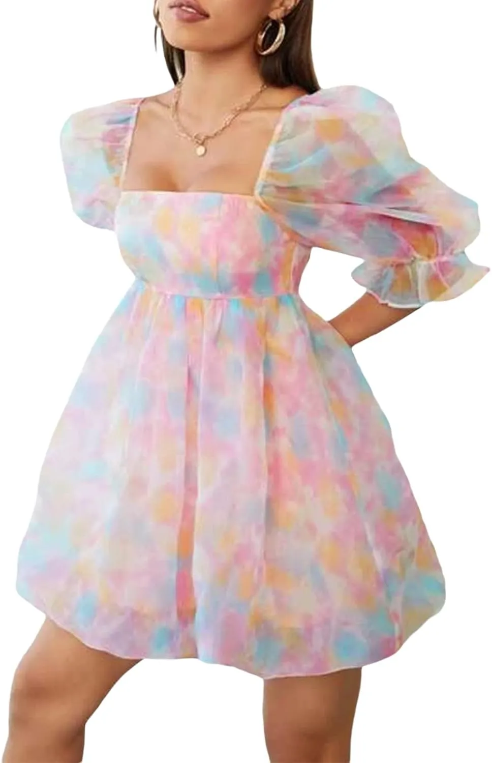 Womens Puff Sleeve Square Neck Puffy Dress Babydoll Mesh Mini Dress High Rise Flare Organza Party Dress