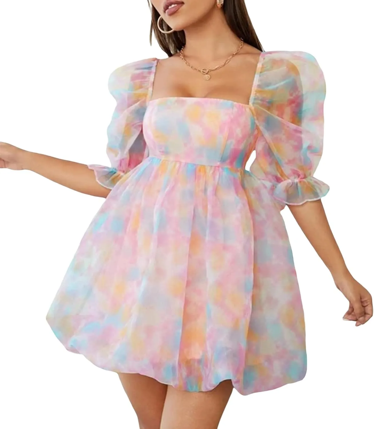 Womens Puff Sleeve Square Neck Puffy Dress Babydoll Mesh Mini Dress High Rise Flare Organza Party Dress