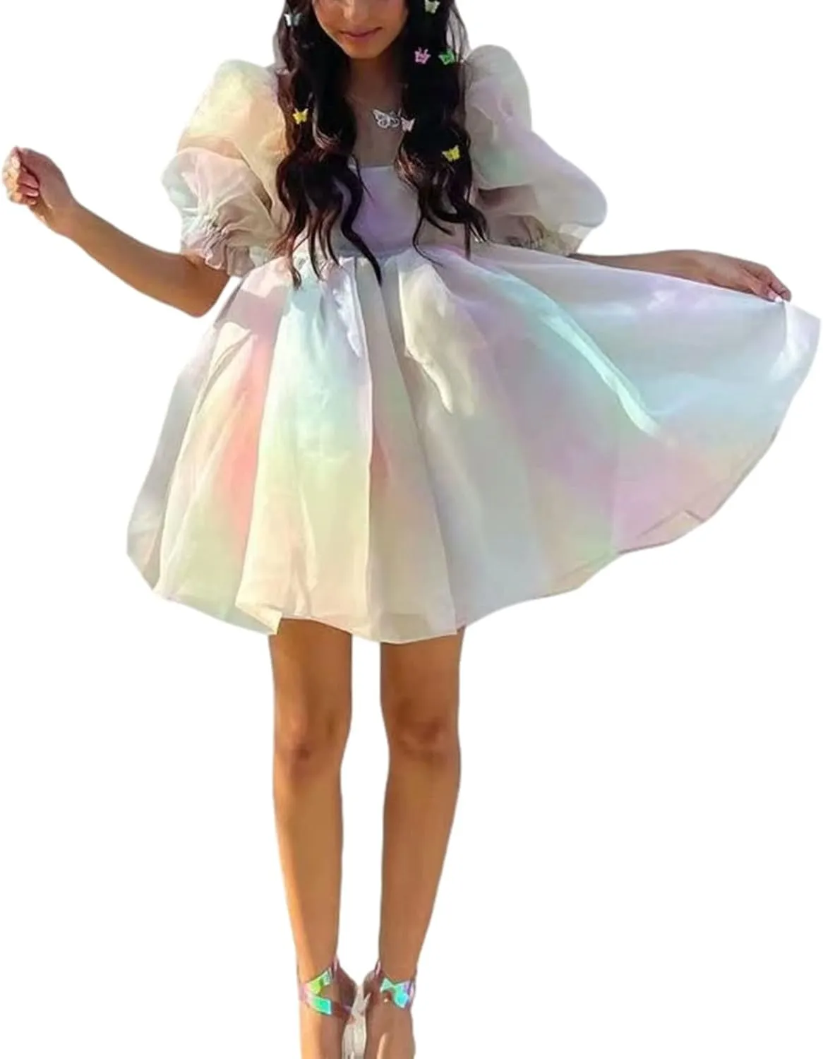 Womens Puff Sleeve Square Neck Puffy Dress Babydoll Mesh Mini Dress High Rise Flare Organza Party Dress