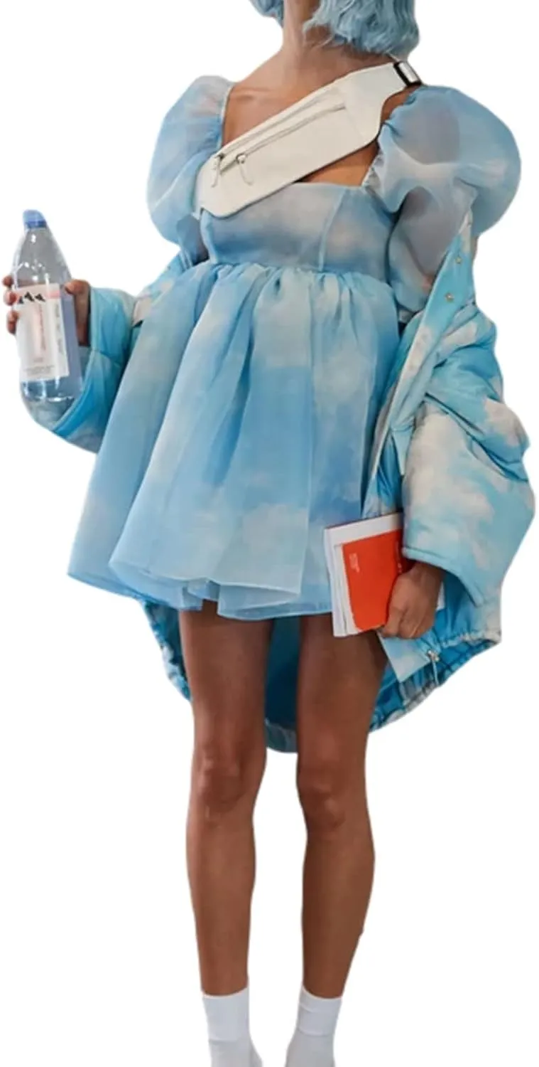 Womens Puff Sleeve Square Neck Puffy Dress Babydoll Mesh Mini Dress High Rise Flare Organza Party Dress