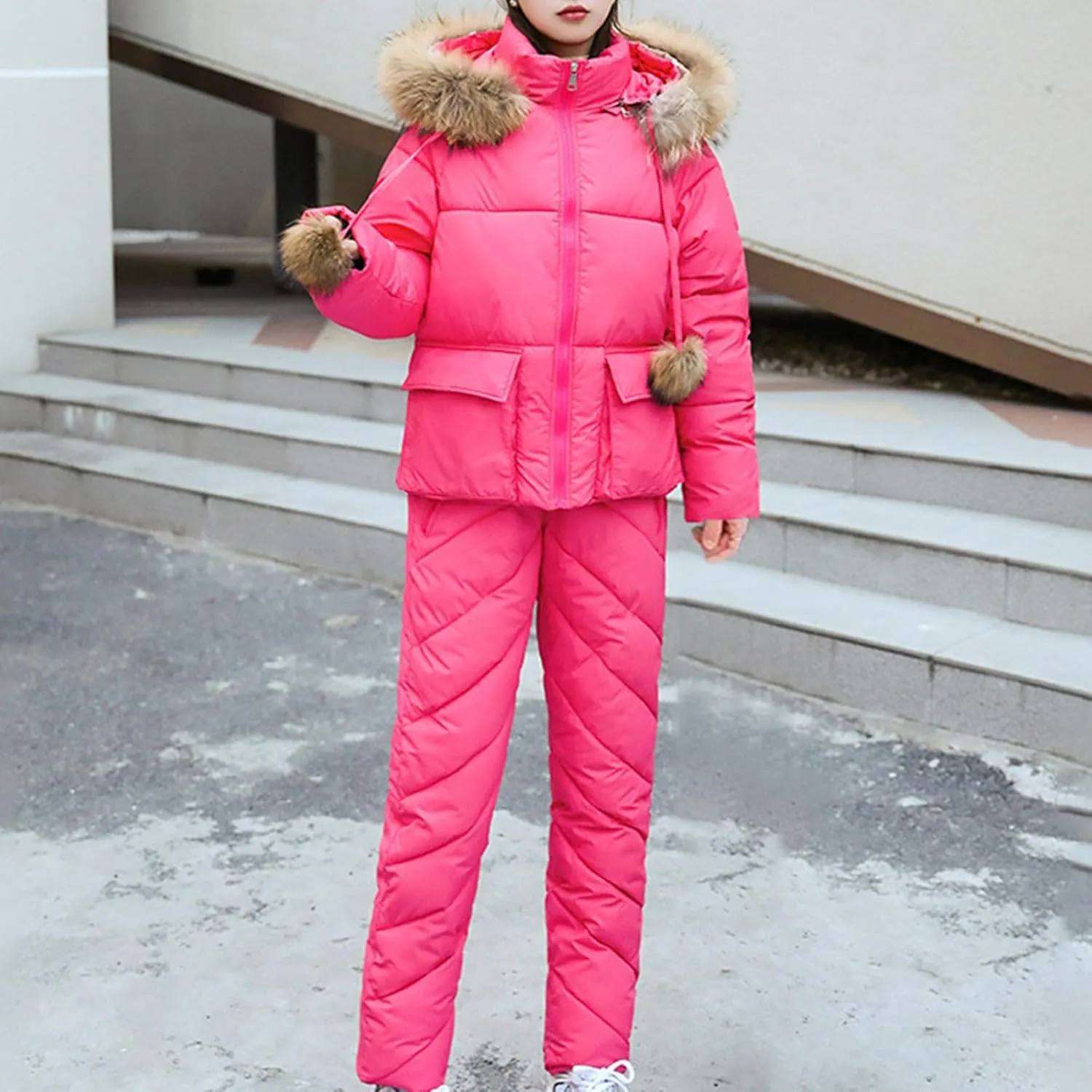 Women's Puffer Jacket 2 Piece Set Zip Up Warm Thickened Ski Down Jackets Parkas with Faux Fur Hood Outerwear Pockets
