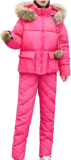 Women's Puffer Jacket 2 Piece Set Zip Up Warm Thickened Ski Down Jackets Parkas with Faux Fur Hood Outerwear Pockets