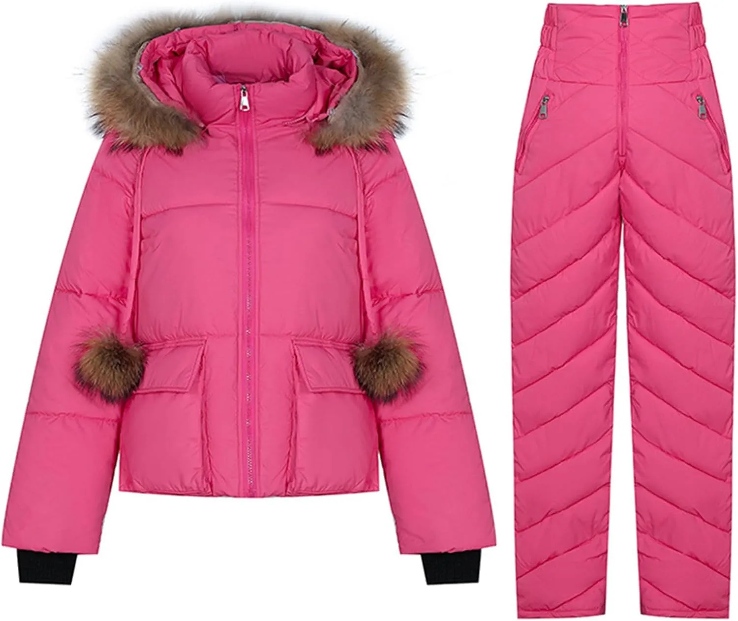 Women's Puffer Jacket 2 Piece Set Zip Up Warm Thickened Ski Down Jackets Parkas with Faux Fur Hood Outerwear Pockets
