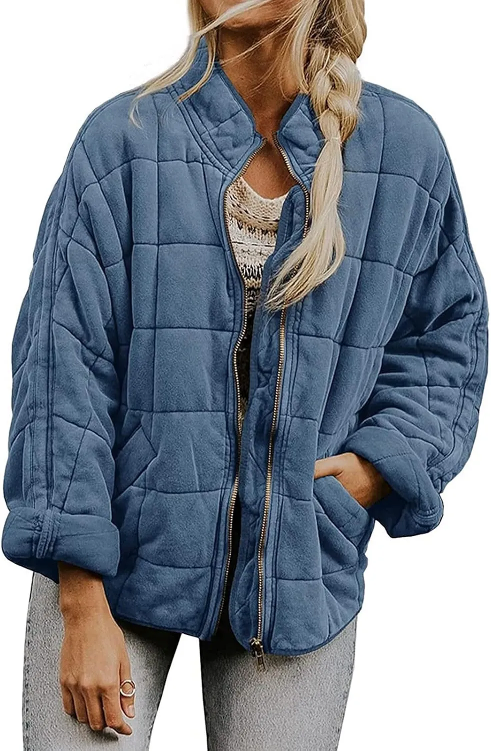 Women's Quilted Lightweight Jackets Puffer Winter Warm Zippper Coats Loose Casual Windproof Outwear Cropped Tops