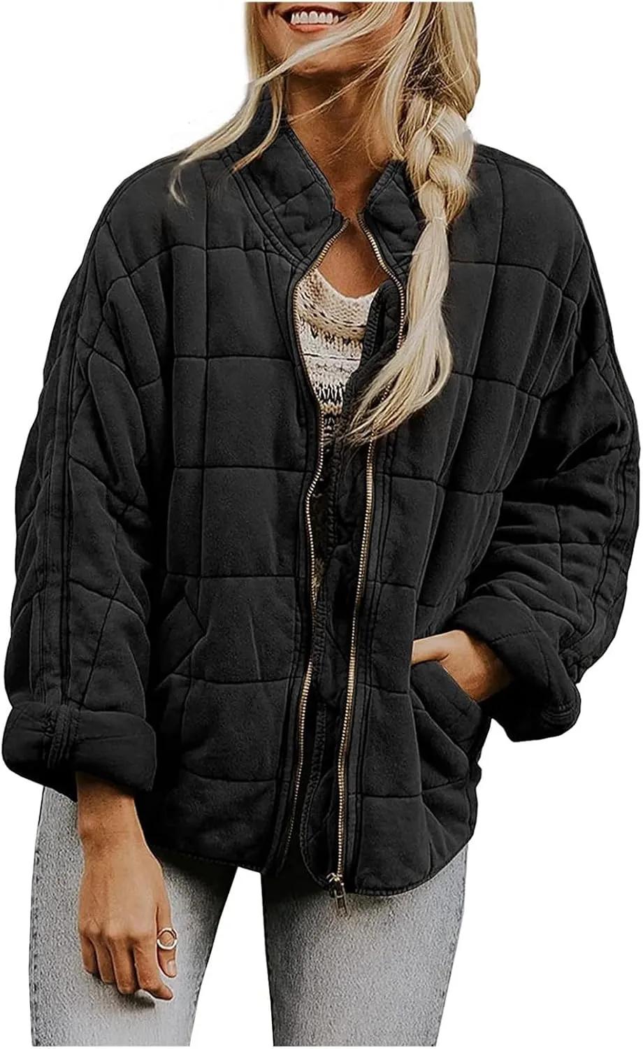 Women's Quilted Lightweight Jackets Puffer Winter Warm Zippper Coats Loose Casual Windproof Outwear Cropped Tops
