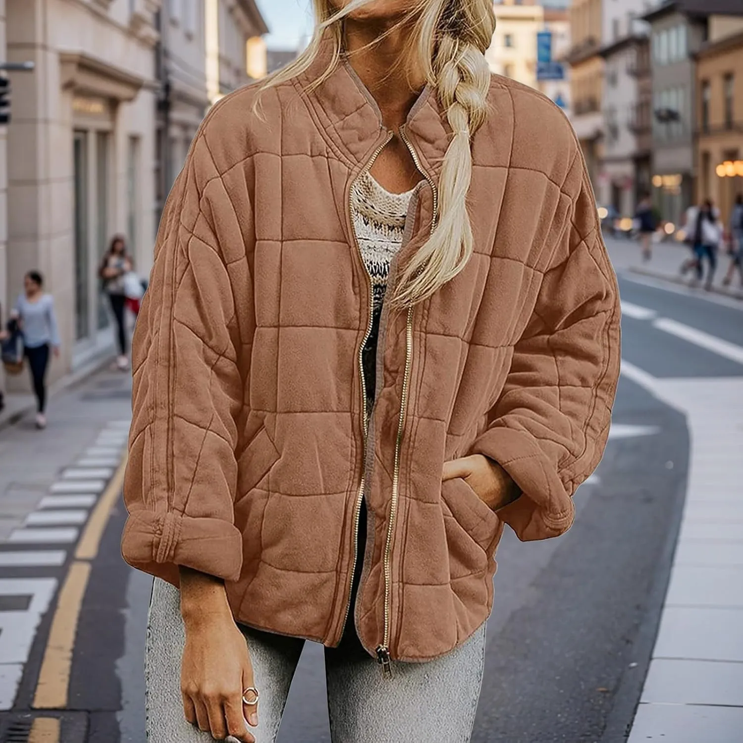 Women's Quilted Lightweight Jackets Puffer Winter Warm Zippper Coats Loose Casual Windproof Outwear Cropped Tops