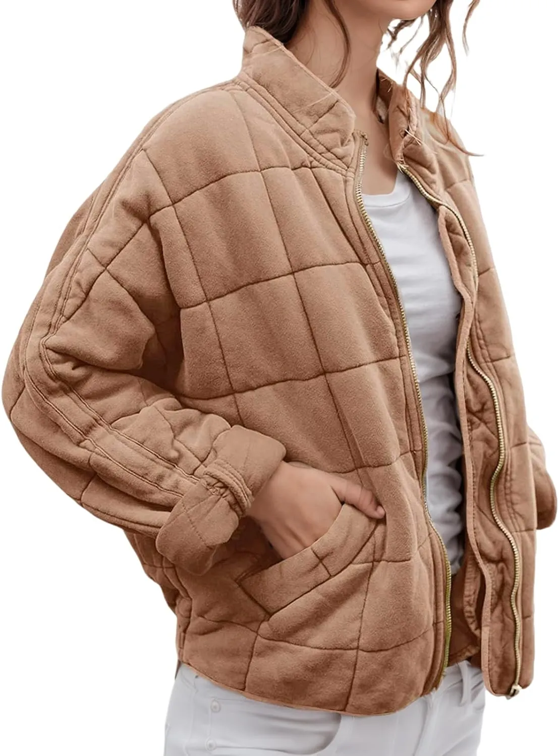 Women's Quilted Lightweight Jackets Puffer Winter Warm Zippper Coats Loose Casual Windproof Outwear Cropped Tops