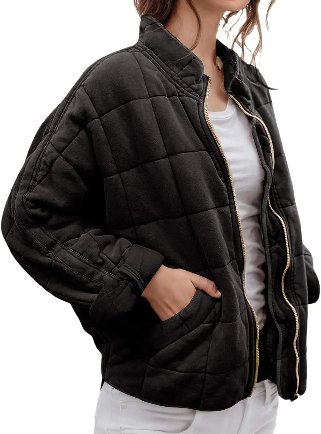 Women's Quilted Lightweight Jackets Puffer Winter Warm Zippper Coats Loose Casual Windproof Outwear Cropped Tops