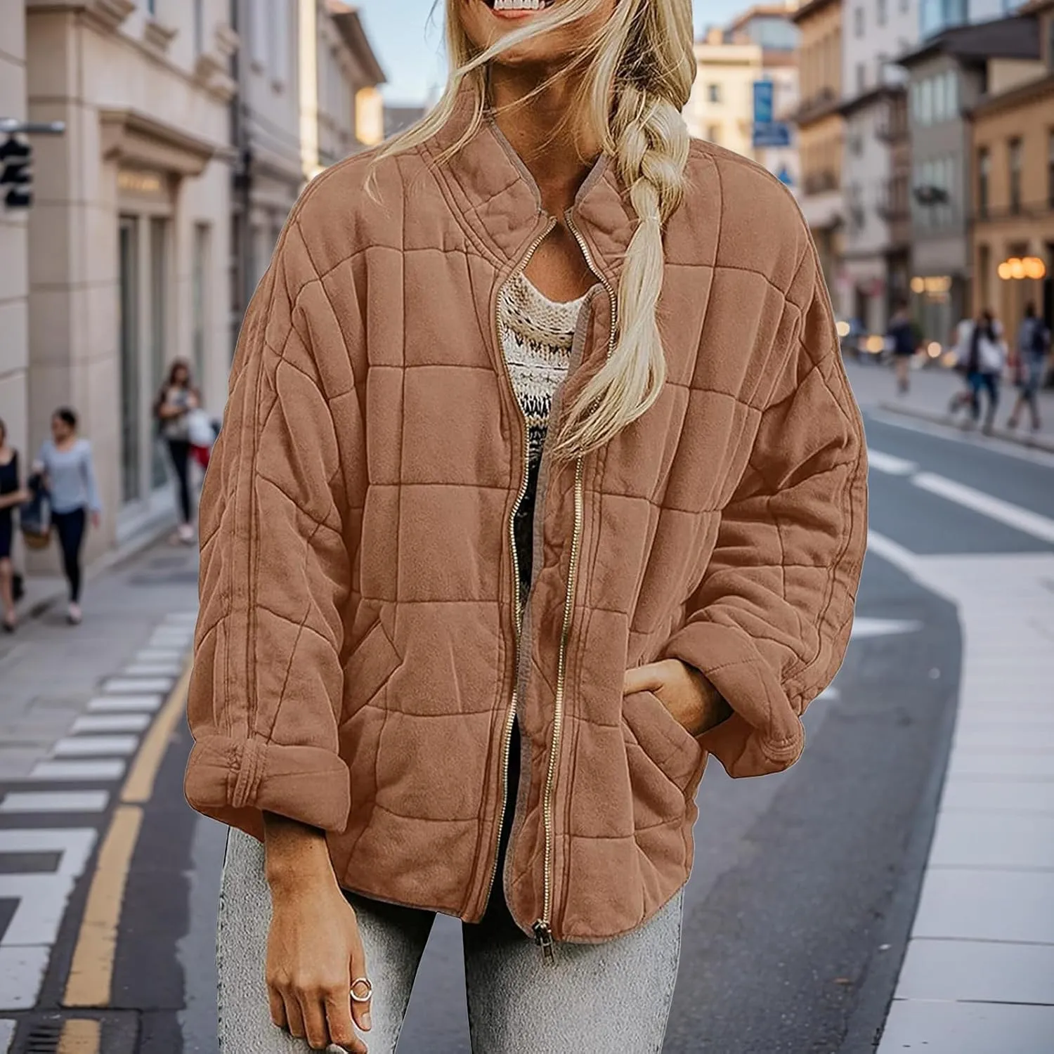 Women's Quilted Lightweight Jackets Puffer Winter Warm Zippper Coats Loose Casual Windproof Outwear Cropped Tops