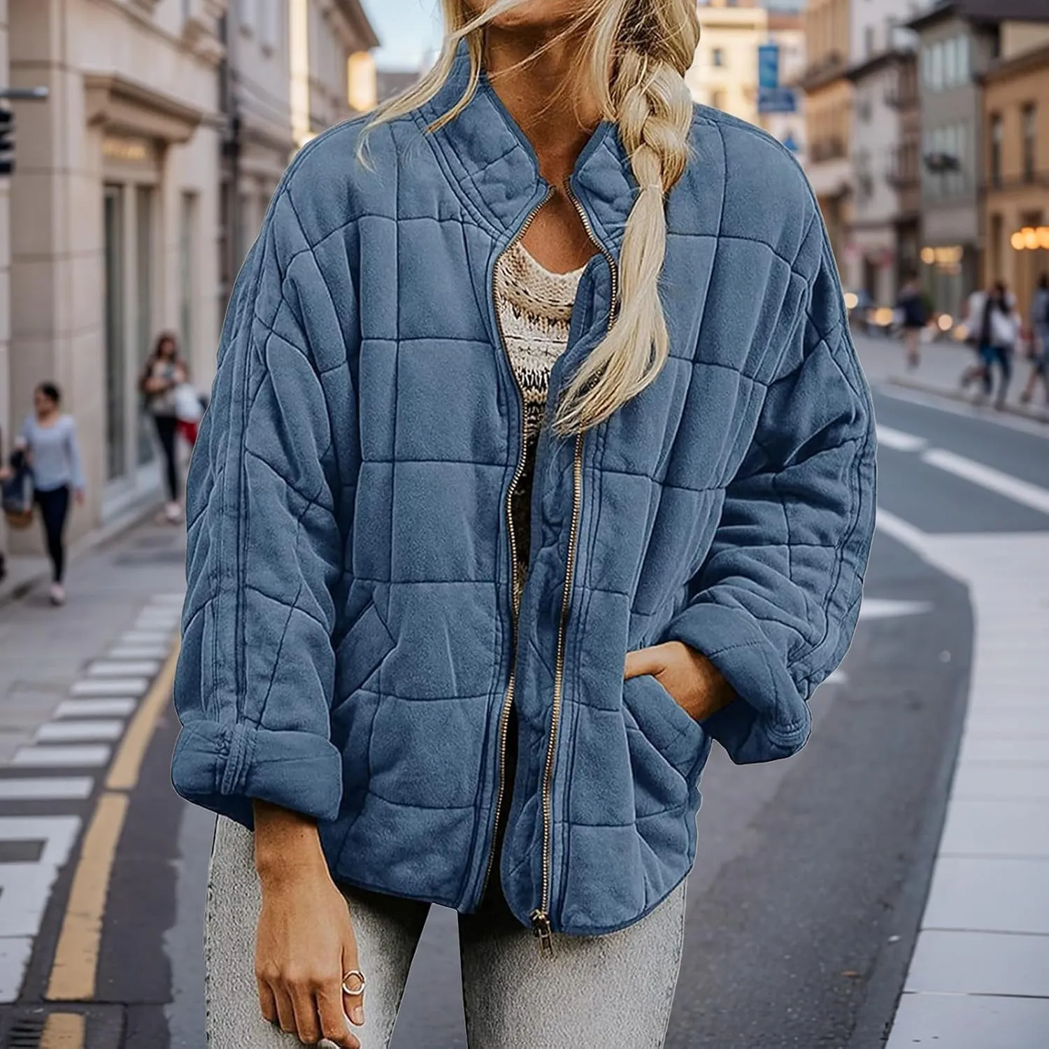 Women's Quilted Lightweight Jackets Puffer Winter Warm Zippper Coats Loose Casual Windproof Outwear Cropped Tops