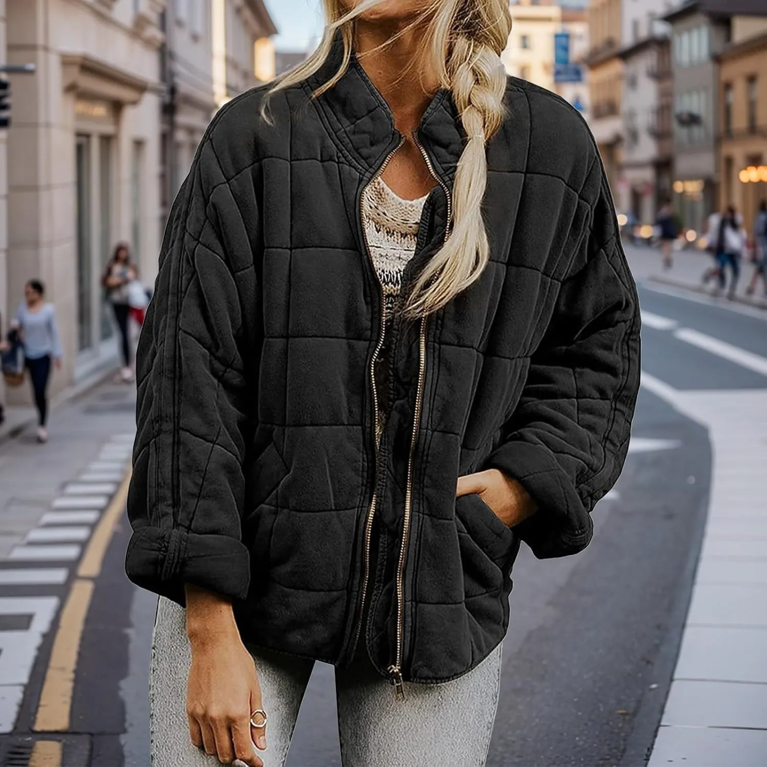 Women's Quilted Lightweight Jackets Puffer Winter Warm Zippper Coats Loose Casual Windproof Outwear Cropped Tops