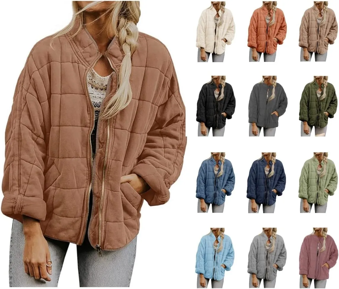 Women's Quilted Lightweight Jackets Puffer Winter Warm Zippper Coats Loose Casual Windproof Outwear Cropped Tops