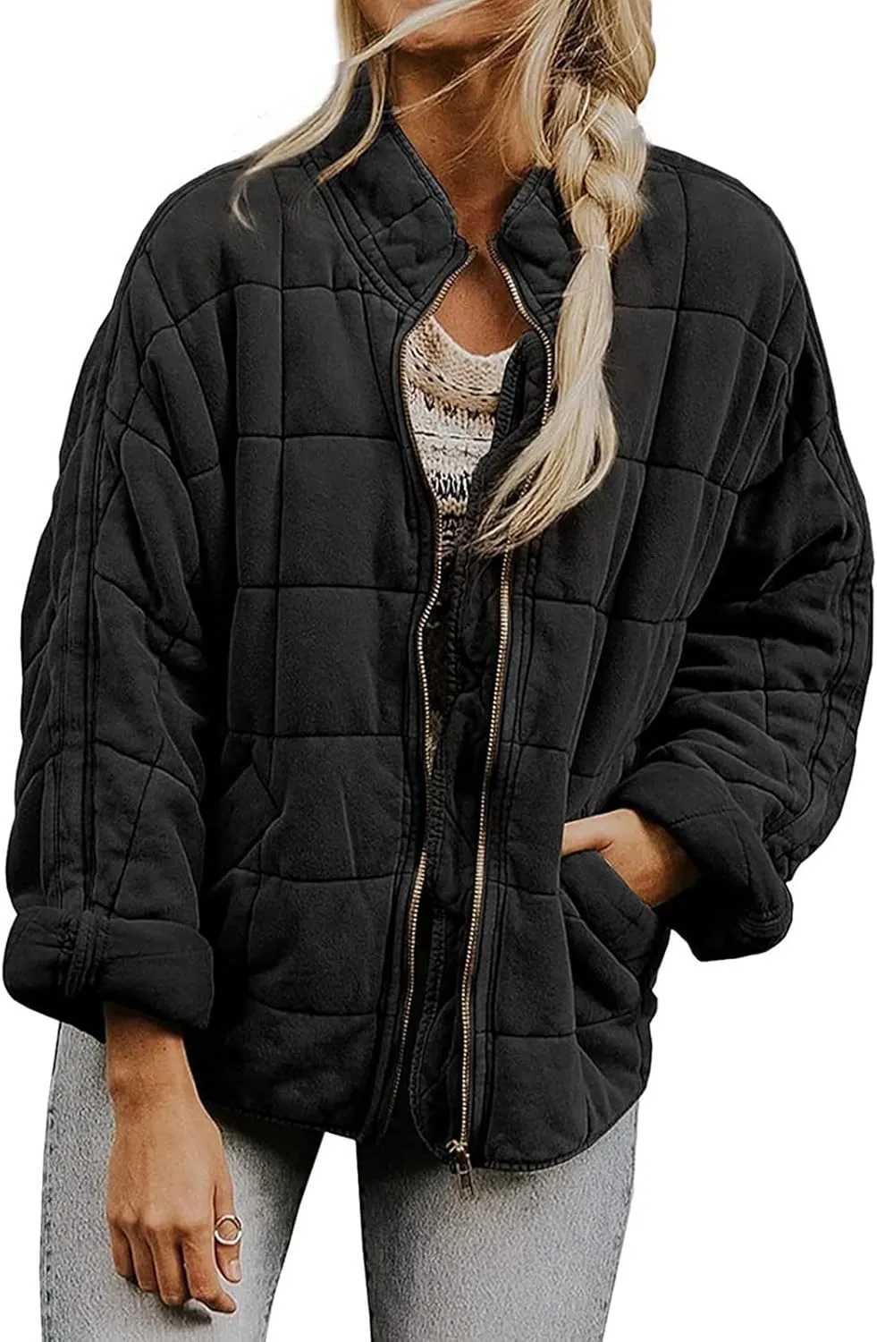 Women's Quilted Lightweight Jackets Puffer Winter Warm Zippper Coats Loose Casual Windproof Outwear Cropped Tops