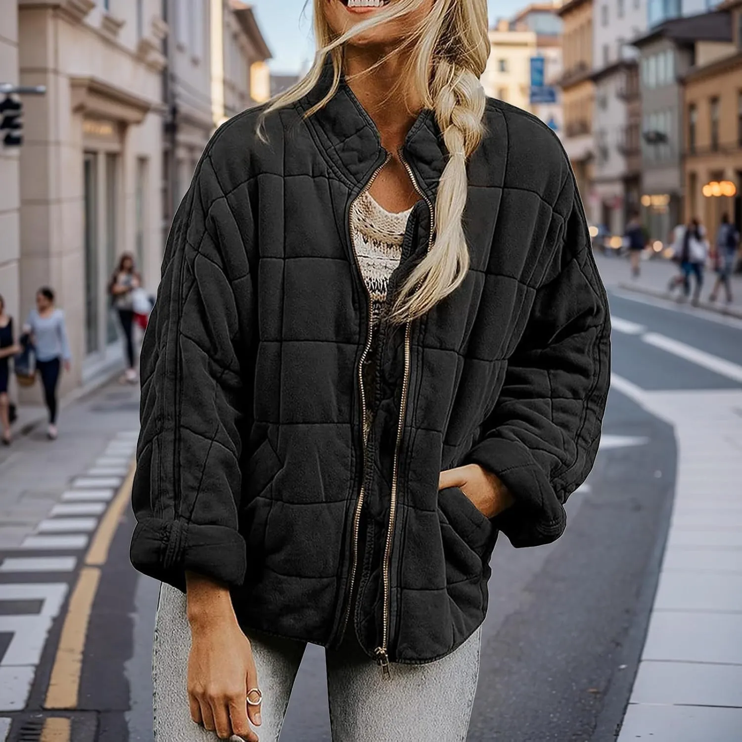 Women's Quilted Lightweight Jackets Puffer Winter Warm Zippper Coats Loose Casual Windproof Outwear Cropped Tops