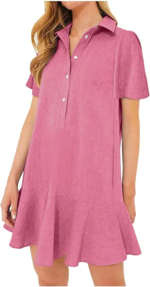 Women's Ruffle Hem Dresses Short Sleeve Lapel Shirt Mini Dress Button Down Summer Casual Loose Dresses with Pockets