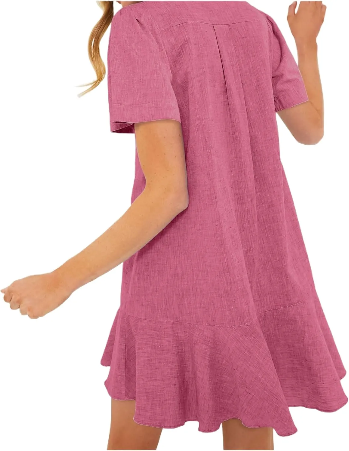 Women's Ruffle Hem Dresses Short Sleeve Lapel Shirt Mini Dress Button Down Summer Casual Loose Dresses with Pockets