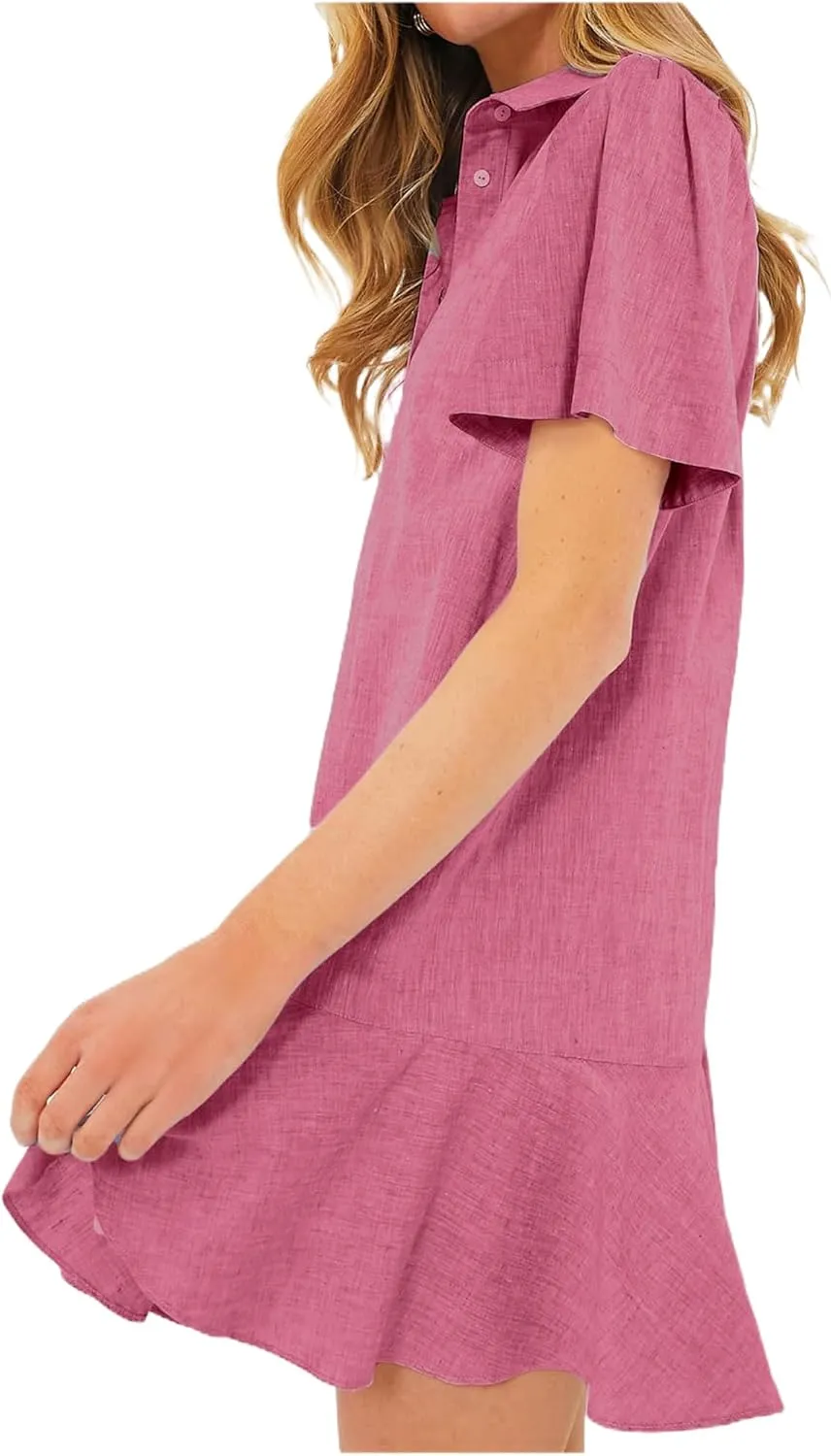 Women's Ruffle Hem Dresses Short Sleeve Lapel Shirt Mini Dress Button Down Summer Casual Loose Dresses with Pockets