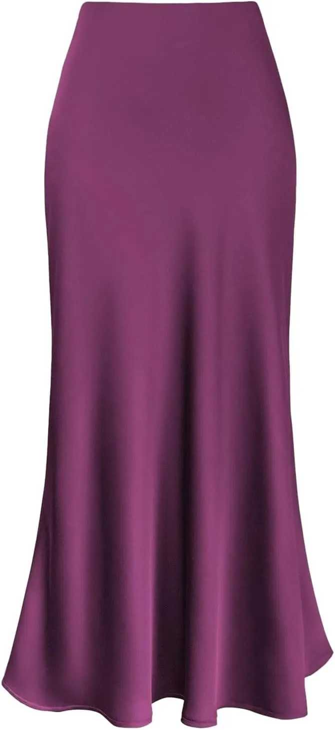Women's Satin High Waisted Maxi Skirts Hidden Elasticized Waistband A Line Long Skirt Cocktail Party Wedding Skirts