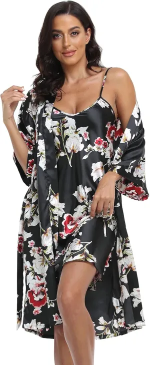 Women's Satin Robe Set 2 Piece Pajama Sets Sexy Lingerie Robes Soft Sleepwear Silky Kimono Nightgown with Camisole