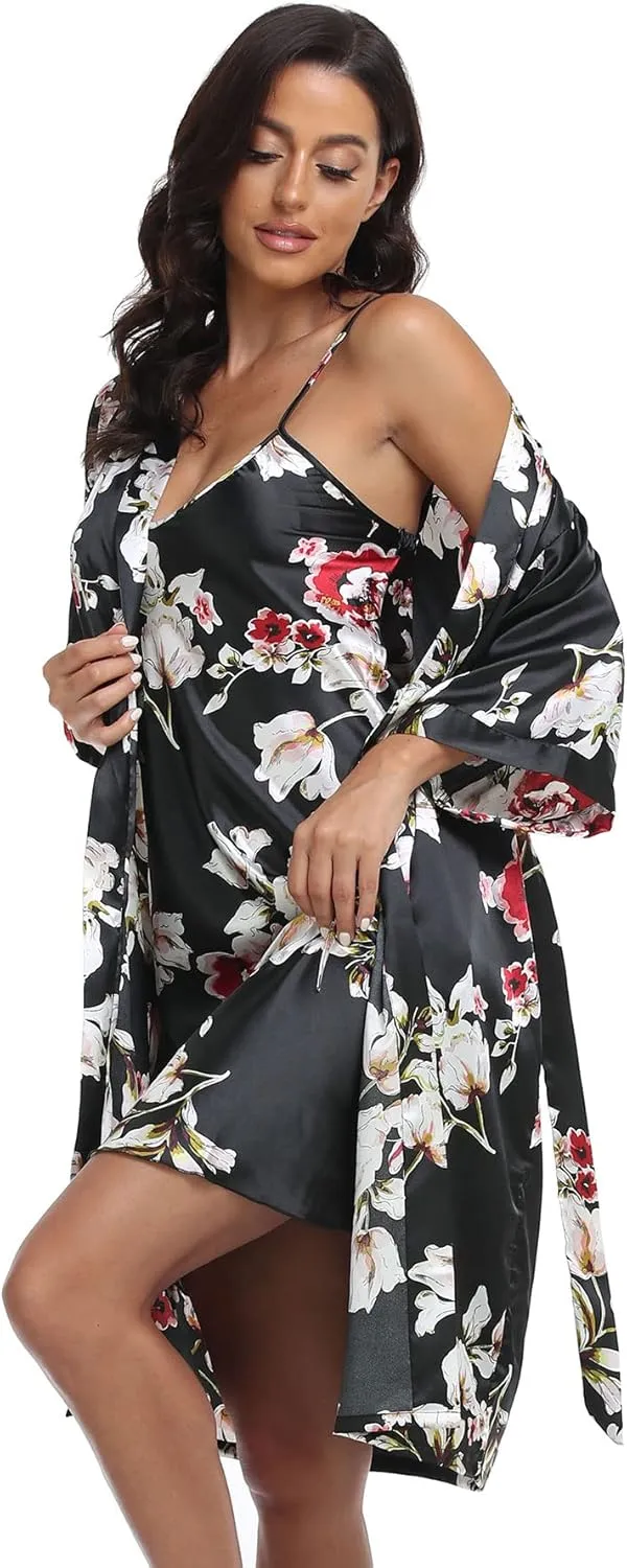 Women's Satin Robe Set 2 Piece Pajama Sets Sexy Lingerie Robes Soft Sleepwear Silky Kimono Nightgown with Camisole