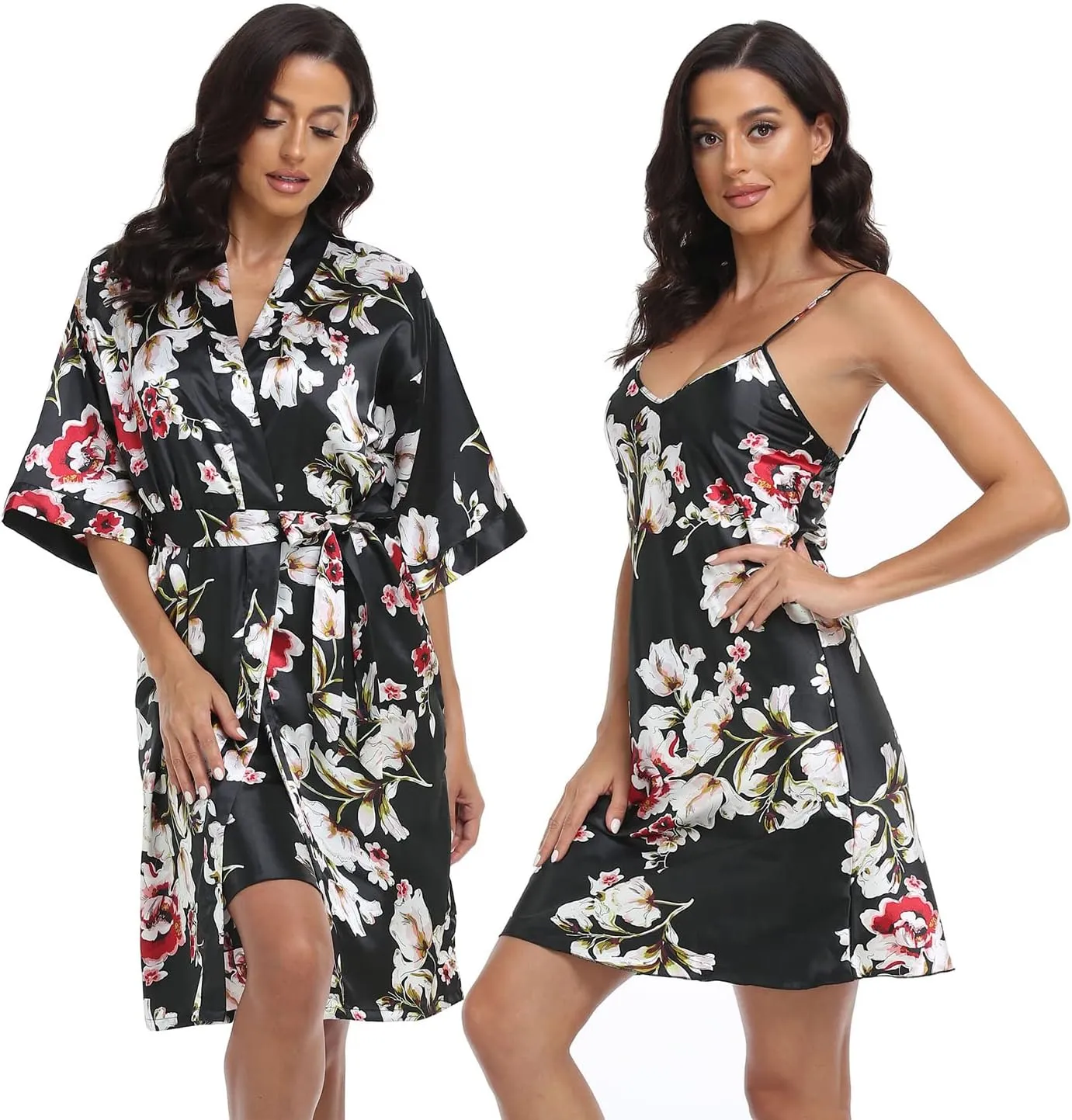 Women's Satin Robe Set 2 Piece Pajama Sets Sexy Lingerie Robes Soft Sleepwear Silky Kimono Nightgown with Camisole