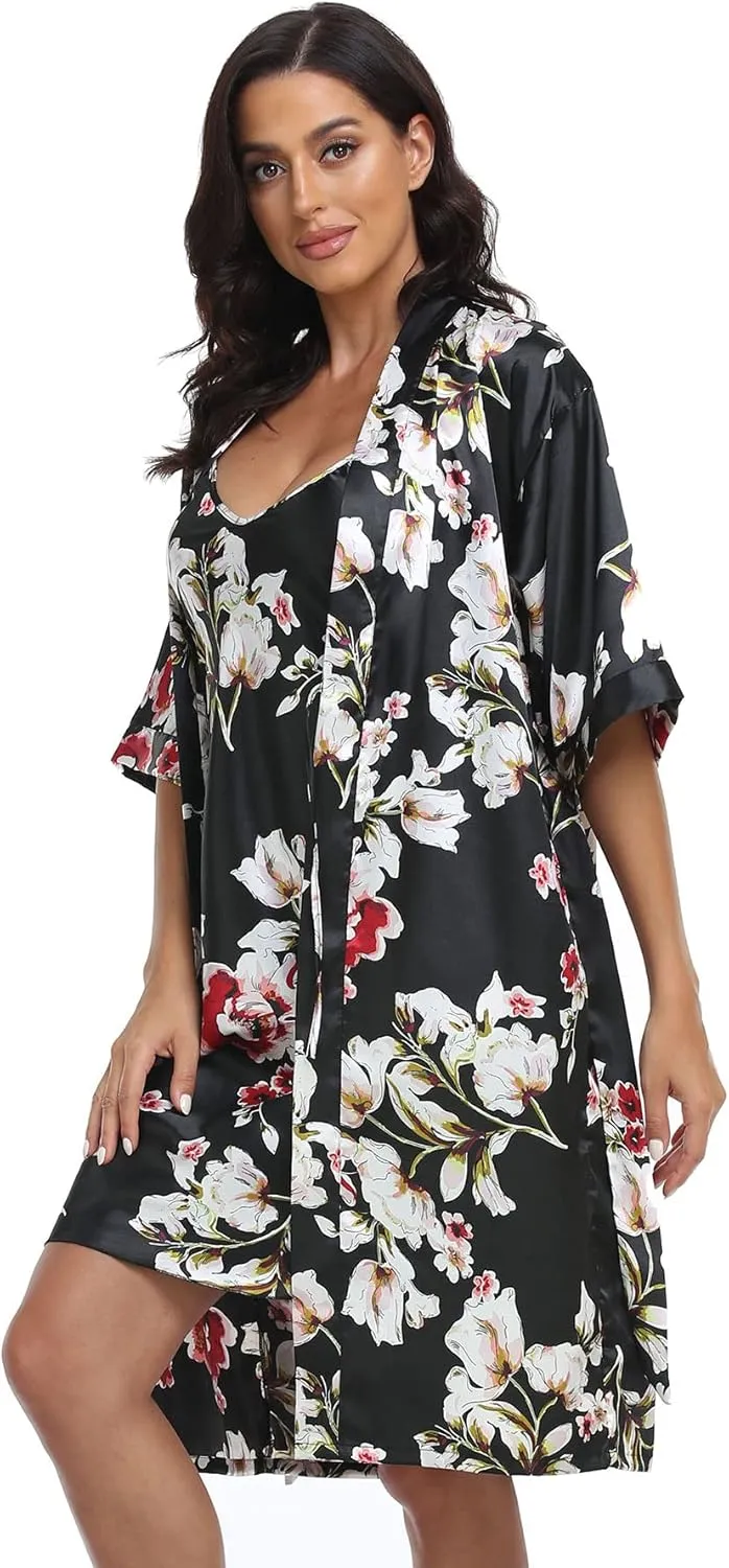Women's Satin Robe Set 2 Piece Pajama Sets Sexy Lingerie Robes Soft Sleepwear Silky Kimono Nightgown with Camisole