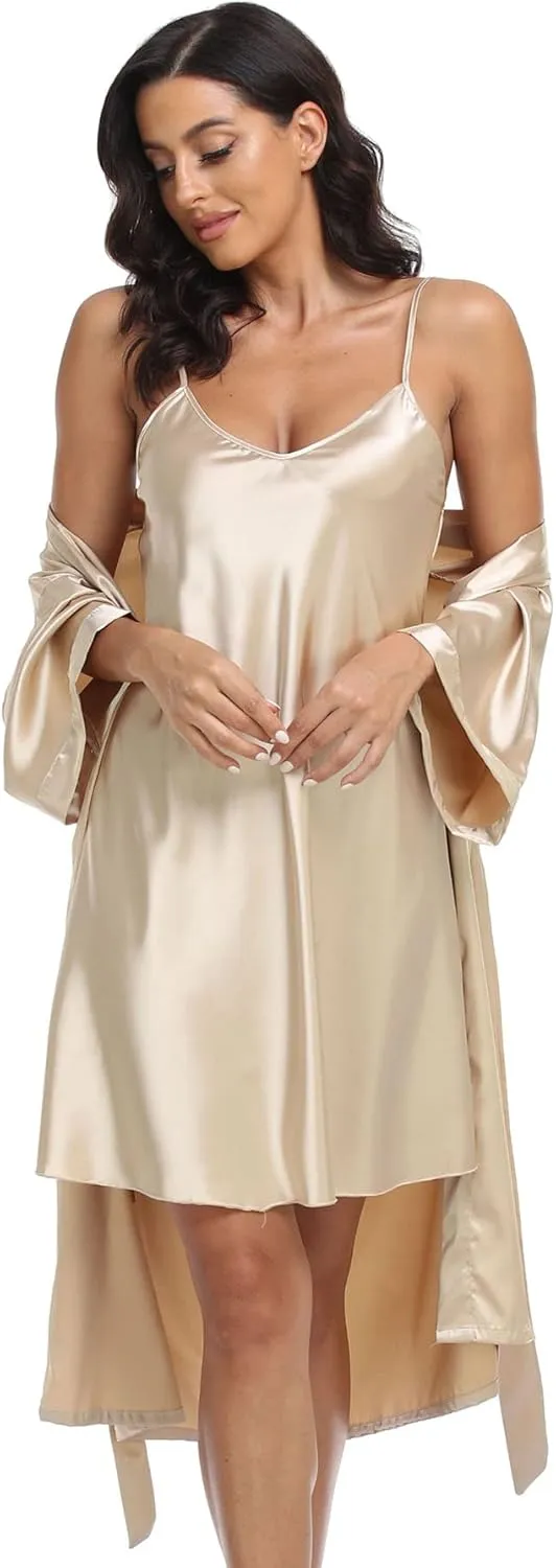 Women's Satin Robe Set 2 Piece Pajama Sets Sexy Lingerie Robes Soft Sleepwear Silky Kimono Nightgown with Camisole