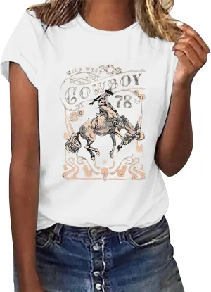 Womens Shirts Summer Cotton Short Sleeve Crew Neck Basic Tee Cute Vintage Print Casual Loose Fit Trendy Pullover Tops