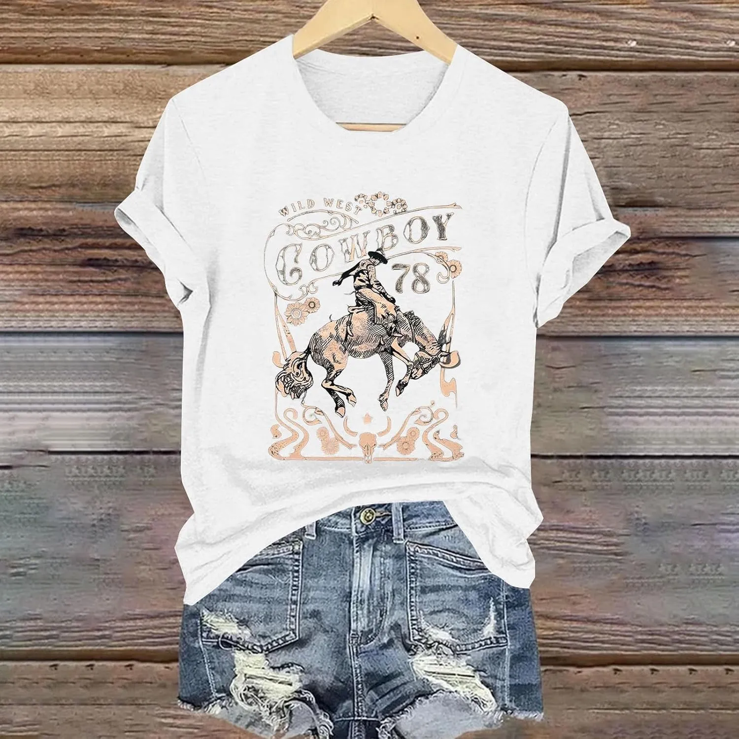 Womens Shirts Summer Cotton Short Sleeve Crew Neck Basic Tee Cute Vintage Print Casual Loose Fit Trendy Pullover Tops