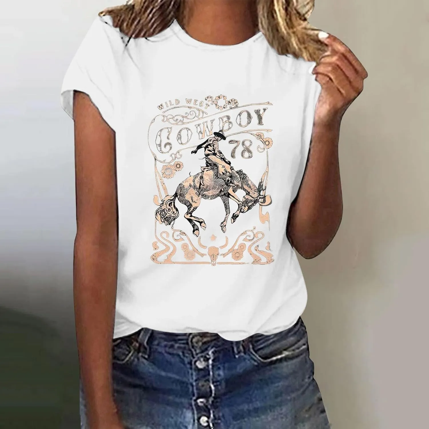Womens Shirts Summer Cotton Short Sleeve Crew Neck Basic Tee Cute Vintage Print Casual Loose Fit Trendy Pullover Tops