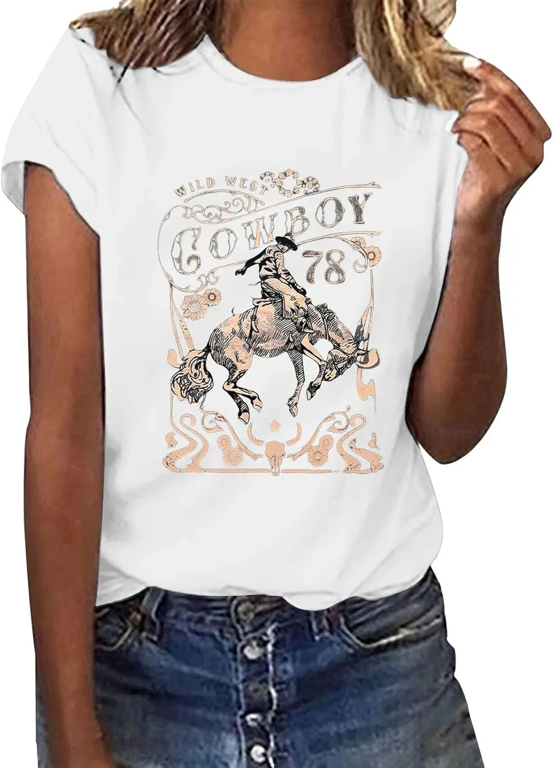 Womens Shirts Summer Cotton Short Sleeve Crew Neck Basic Tee Cute Vintage Print Casual Loose Fit Trendy Pullover Tops