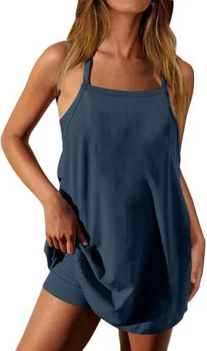Womens Sleeveless Mini Dress with Built-in Shorts Summer Spaghetti Strap Romper Dresses Workout Sundress with Pockets