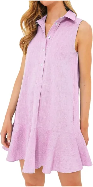Womens Sleeveless Shirt Dress Lapel Half Nail Buckle Mini Dresses Ruffle Hem Summer Casual Beach Vacation Dress