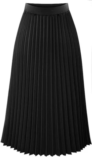 Womens Solid Pleated Elegant Midi Elastic Waist Maxi Skirt