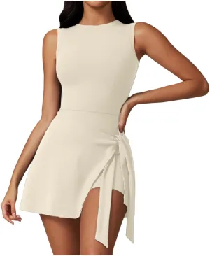 Women's Sports Tank Romper Sleeveless Workout Mini Dress Solid Knot Wrap High Elasticity Gym Yoga Running Outfits