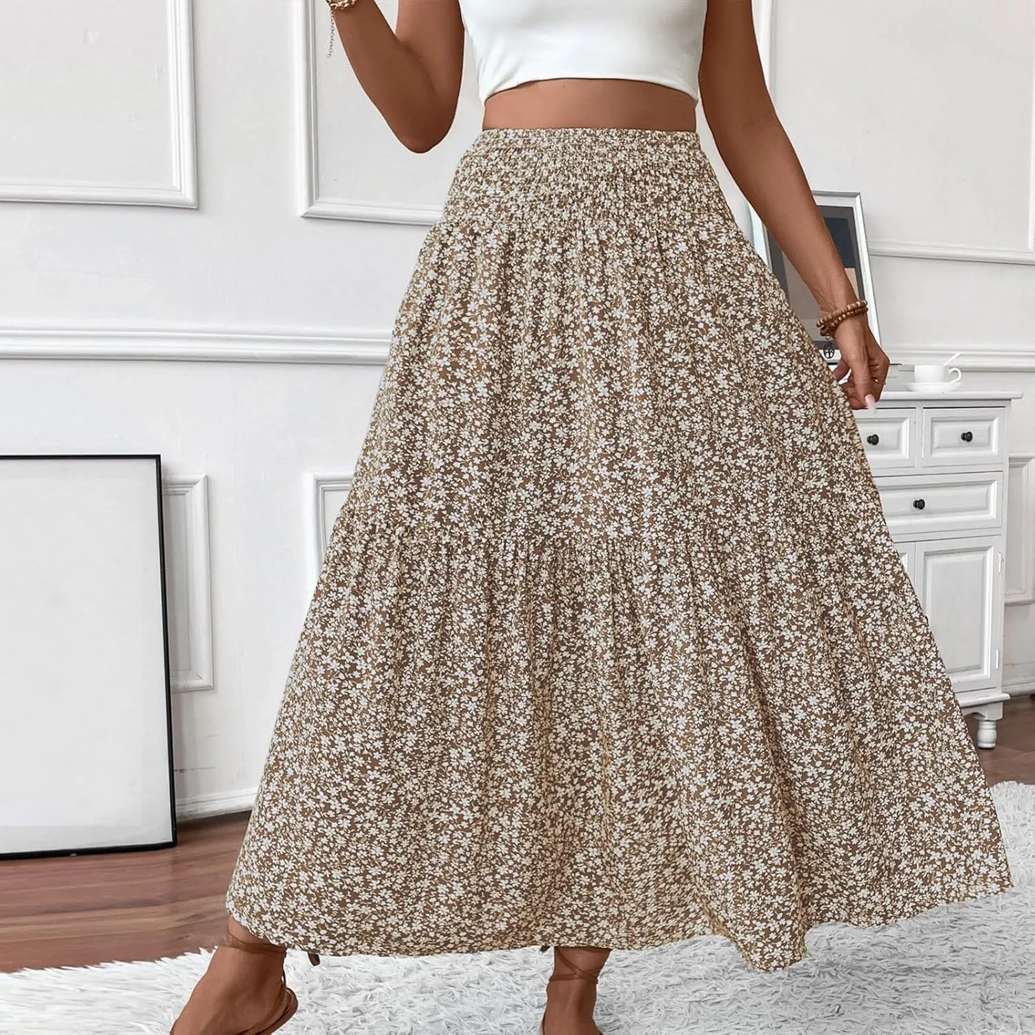 Women's Spring Skirts 2025 Summer Casual Loose Trendy Elastic Waist Floral Printed Bohemian Flowy Skirt, S-XL