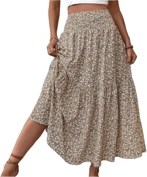 Women's Spring Skirts 2025 Summer Casual Loose Trendy Elastic Waist Floral Printed Bohemian Flowy Skirt, S-XL